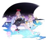  2girls anklet azur_lane bare_shoulders barefoot bikini black_bow black_swimsuit blue_hair blush bow breasts brown_hair building city closed_mouth collarbone covered_navel duca_degli_abruzzi_(azur_lane) duca_degli_abruzzi_(lustrous_onyx_sirenetta)_(azur_lane) fingernails flower food fruit grey_hair highres holding in_water jacket jewelry large_breasts leaf looking_at_viewer manjuu_(azur_lane) mechanical_arms medium_breasts multicolored_hair multiple_girls necktie official_art ohisashiburi one-piece_swimsuit open_mouth partially_submerged petals pool prosthesis prosthetic_arm red_eyes red_hair red_nails see-through shiny shiny_hair short_hair short_twintails single_mechanical_arm sitting smile sunglasses swimming swimsuit tied_hair toes transparent_background tray twintails water wet yellow_bikini 