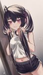  1girl absurdres ahoge bangs bare_arms bare_shoulders black_hair black_shorts blurry blurry_background blush breasts commentary_request cowboy_shot dutch_angle grin hair_between_eyes hair_ribbon highres holding holding_hair long_hair looking_at_viewer medium_breasts midriff navel original priite_hari_(torriet) purple_eyes purple_ribbon revision ribbon shiny shiny_hair shirt short_shorts shorts sleeveless sleeveless_shirt smile solo stomach thighs torriet twintails white_shirt 