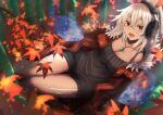  1girl absurdres autumn autumn_leaves azur_lane bangs black_sweater body_markings breasts casual cleavage coat crossed_bangs dark_skin dark_skinned_female earphones eto_mitsuba fang from_above fur-trimmed_coat fur_trim ghost highres huge_filesize jewelry leaf looking_at_viewer maple_leaf medium_hair minneapolis_(azur_lane) necklace open_mouth red_coat red_eyes solo sweater 