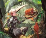  animal armor ass bird bones breasts brown_eyes cleavage cropped fire food forest lack original short_hair skirt sword thighhighs tree weapon white_hair zettai_ryouiki 