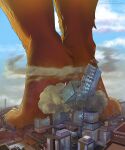  2021 absurd_res anthro building canid canine city cloud crush_fetish debris destruction fox fur hi_res holt-odium macro male mammal orange_body orange_fur sky skyscraper solo 