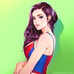 1girl breasts brown_hair english_commentary eyeshadow green_background long_hair looking_at_viewer makeup medium_breasts neoartcore original parted_lips patreon_username print_camisole shadow solo spider-man_(series) upper_body watermark web_address 