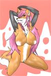  anthro black_body black_fur canid canine cecethefoxwitch female fox fur genitals hair hi_res looking_at_viewer mammal nipples nude orange_body orange_fur pink_hair pink_nipples pussy red_eyes solo teasing white_body white_fur 