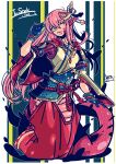  1girl absurdres bangs commission cosplay gloves hair_between_eyes hair_ornament hairclip highres hinoa hinoa_(cosplay) japanese_clothes lamia long_hair miia_(monster_musume) monster_girl monster_hunter_(series) monster_hunter_rise monster_musume_no_iru_nichijou obi one_eye_closed parted_lips pink_hair pointy_ears rolan-ce sash scales solo yellow_eyes 