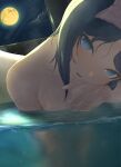  1girl bath bathing blue_eyes blush breasts enoshito full_moon highres looking_at_viewer medium_hair moon night nude onsen partially_submerged senran_kagura smile steam water wet window yumi_(senran_kagura) 