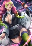  1girl bangs belt black_skirt blush braid breasts cleavage gradient_hair green_eyes green_hair green_legwear hand_up haori heart holding holding_sword holding_weapon japanese_clothes kanroji_mitsuri katana kimetsu_no_yaiba long_hair long_sleeves looking_at_viewer medium_breasts mole mole_under_eye multicolored_hair neoartcore no_bra parted_lips partially_unbuttoned patreon_username pink_hair pleated_skirt realistic ribbed_legwear skirt smile solo sword twin_braids weapon whip_sword 