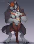  2021 absurd_res anthro bared_teeth breasts brown_body brown_fur canid canine canis covering covering_breasts covering_crotch curvy_figure duo enro_the_mutt female fox fur grey_body grey_fur hi_res holding_breast larger_male looking_at_viewer male male/female mammal mocha_(mochalattefox) muscular seductive simple_background size_difference smaller_female storm_(stormwx_wolf) wolf 