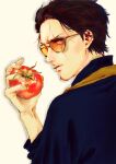  1boy absurdres black_hair facial_hair food fruit gokushufudou highres holding holding_food holding_fruit looking_back male_focus mustache nnn00xx scar scar_across_eye solo stubble sunglasses tatsu_(gokufushudou) tomato upper_body white_background 