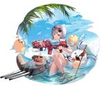  1girl alisa_(kuro_no_sakura) artillery ass azur_lane blue_sky conte_di_cavour_(azur_lane) conte_di_cavour_(fierce_beachside_battle)_(azur_lane) eyewear_on_head food grey_hair highres innertube manjuu_(azur_lane) official_alternate_costume official_art palm_tree planted_sword planted_weapon popsicle short_hair sky solo sunglasses swimsuit sword transparent_background tree turret wading water water_gun weapon white_innertube yellow_eyes 