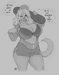  big_breasts bodily_fluids breasts canid canine canis cherrikissu domestic_dog female hi_res huge_breasts looking_at_viewer mammal monochrome skateboard solo speech_bubble sweat text thick_thighs wide_hips 