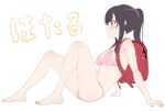  1girl arm_support backpack bag bare_arms bare_legs bare_shoulders barefoot bikini black_hair blush breasts brown_eyes character_name eyebrows_visible_through_hair flat_color from_side full_body hair_ornament hair_scrunchie hair_up halterneck highres ichijou_hotaru knees_up large_breasts leaning_back long_hair midriff nail_polish navel non_non_biyori pink_bikini pink_nails ponytail purple_scrunchie randoseru red_bag school_bag scrunchie simple_background sincos sitting sketch solo string_bikini swimsuit underboob white_background 