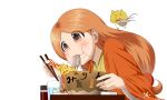  1girl :t brown_eyes chopsticks copyright_request creature eating food food_on_face from_side glass haori highres holding holding_chopsticks japanese_clothes kimono long_hair long_sleeves low-tied_long_hair noodles orange_hair ramen shrimp shrimp_tempura simple_background soba solo taka_(takahirokun) tempura white_background wide_sleeves 