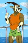  absurd_res antelope anteloryx_bighorn anthro beach bottomwear bovid bulge clothing drekkorwolfsoul genital_outline hi_res male mammal penis_outline seaside shorts solo swimming_trunks swimwear 