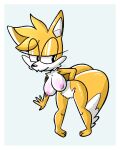  2_tails 4_fingers anthro big_breasts blonde_hair breasts canid canine crossgender fangs female fingers fox fur hair hi_res humanoid mammal miles_prower multi_tail nipples nude seductive simple_background smile solo sonic_the_hedgehog_(series) toony white_body white_fur wolito 