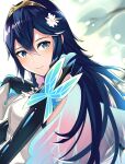  1girl alternate_costume ameno_(a_meno0) blue_eyes blue_hair bug butterfly butterfly_wings fingerless_gloves fire_emblem fire_emblem_awakening fire_emblem_heroes flower gloves hair_between_eyes hair_flower hair_ornament insect long_hair lucina_(fire_emblem) smile solo symbol-shaped_pupils tiara wings 