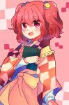  1girl :d apron bangs bell book checkered eyebrows_visible_through_hair hair_bell hair_ornament highres holding holding_book long_sleeves meimei_(meimei89008309) motoori_kosuzu open_mouth pink_background red_eyes red_hair smile solo standing symbol_commentary touhou two_side_up upper_body wide_sleeves yellow_apron 