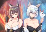  2girls absurdres akagi_(azur_lane) animal_ears areola_slip areolae azur_lane bangs bare_shoulders bespectacled black_gloves black_hair blue_eyes blunt_bangs bracelet breasts cleavage collarbone commentary_request eyebrows_visible_through_hair eyes_visible_through_hair fox_ears fox_mask glasses gloves hair_tubes highres holding holding_mask holding_paper holding_paper_airplane jewelry kaga_(azur_lane) large_breasts long_hair looking_at_another mask multiple_girls off_shoulder paper parted_lips red_eyes semi-rimless_eyewear sidelocks tong_shui white_hair 
