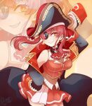  1girl absurdres breasts coat eyepatch grin hand_on_hip hat highres hololive houshou_marine long_hair looking_at_viewer midriff mori_calliope_(artist) red_eyes red_hair skirt sleeves_past_fingers sleeves_past_wrists smile solo virtual_youtuber yellow_eyes zoom_layer 