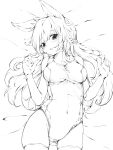  1girl animal_ears ass_visible_through_thighs braid breasts bunny_ears bunny_girl covered_navel darashi_na_panda elbow_gloves eyebrows_visible_through_hair gloves highres long_hair lying monochrome on_back one-piece_swimsuit open_mouth original sketch solo swimsuit thighhighs thighs 