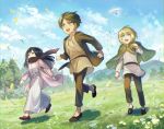  1girl 2boys :d animal armin_arlert bird black_eyes black_hair blonde_hair blue_eyes brown_footwear brown_hair brown_jacket brown_pants clenched_hand clenched_hands cloak cloud commentary_request covered_mouth cross-laced_clothes day dress eren_yeager flower fushitasu grass green_eyes jacket long_hair long_sleeves mikasa_ackerman multiple_boys open_mouth outdoors pants petals pink_jacket running scarf shingeki_no_kyojin short_hair smile tareme tree tunic white_dress younger 