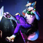  2021 4_toes 5_fingers absurd_res anthro canid canine digital_media_(artwork) eyebrows eyelashes feet fingers hi_res male mammal purple_eyes smile solo tai_l_rodriguez toes 