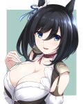  1girl animal_ears bangs bare_shoulders black_hair blue_eyes blush breasts choker cleavage collarbone commentary_request corset detached_sleeves eishin_flash_(umamusume) eyebrows_visible_through_hair hair_between_eyes hair_ornament hair_ribbon highres horse_ears horse_girl large_breasts looking_at_viewer medium_hair open_mouth parted_lips pataneet puffy_short_sleeves puffy_sleeves red_choker ribbon short_sleeves simple_background smile solo umamusume white_background white_sleeves wide_sleeves 