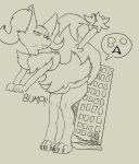  absurd_res ambiguous_gender anthro braixen building building_destruction butt_bump claws darkwufflez english_text eyewear fluffy fluffy_tail fur glasses hi_res inner_ear_fluff kana_the_braixen looking_back macro monochrome nintendo paws pok&eacute;mon pok&eacute;mon_(species) simple_background sketch solo sound_effects stick text toe_claws tuft video_games white_background 