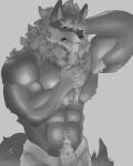  2021 abs absurd_res anthro beard belum27534364 biceps canid canine canis eyebrows facial_hair greyscale hand_behind_head hi_res humanoid_hands law_(sdorica_sunset) male mammal monochrome muscular muscular_anthro muscular_male navel pecs pubes sdorica solo thick_eyebrows towel towel_only triceps wolf 