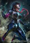  1girl ann_weying artist_name blurry blurry_background breasts character_request check_character claws hood hood_up large_breasts lips long_tongue marvel neoartcore open_mouth patreon_username saliva sharp_teeth she-venom solo spider-man_(series) symbiote teeth tongue watermark 