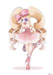 1girl big_hair blonde_hair blue_eyes boots bow breasts cleavage dated dress drill_hair earrings eyepatch full_body hair_bow harime_nui heart heart_earrings highres jewelry kill_la_kill long_hair looking_at_viewer mito_keiji one-eyed one_eye_covered open_mouth pink_bow pink_dress pink_footwear simple_background solo standing standing_on_one_leg strapless strapless_dress twin_drills umbrella very_long_hair white_background 