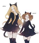  2girls age_difference alternate_costume animal_ears bell black_dress black_legwear blonde_hair blue_eyes blush brown_hair cat_ears cat_tail character_name curtsey dress haiba_arisa haikyuu!! hair_bell hair_ornament height_difference highres long_hair long_sleeves looking_at_viewer multiple_girls simple_background skirt_hold smile standing tail thighhighs twintails white_background yamamoto_akane yasai_(getsu) zettai_ryouiki 