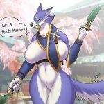  &lt;3 1:1 2021 anthro armwear better_version_at_source big_breasts black_sclera breasts canid canine canyne capcom clothing coolryong dated detached_sleeves dialogue digital_media_(artwork) english_text exposed_breasts eyelashes female fluffy fluffy_ears fluffy_tail fur hi_res knife looking_at_viewer mammal monster_hunter monster_hunter_rise multicolored_body multicolored_fur neck_tuft nipple_outline object_in_mouth palamute scarf screencap screencap_background scroll sharp_teeth signature snout solo speech_bubble teeth text thick_thighs tuft video_games weapon yellow_eyes 