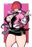  1girl babo breasts character_name cleavage dress feet_out_of_frame fur-trimmed_jacket fur_trim hair_over_eyes highres jacket large_breasts lips long_hair pink_background pink_jacket ponytail red_hair revealing_clothes shermie_(kof) snk solo the_king_of_fighters thighs two-tone_background white_background 