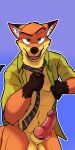  absurd_res anthro balls canid canine clothing disney dress_shirt fox genitals green_eyes hi_res hybrid_genitalia hybrid_penis knot looking_at_viewer male mammal necktie nick_wilde open_mouth penis pose shirt smile solo thekinkybear topwear undressing zootopia 
