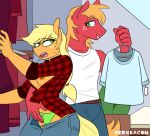  anthro anthrofied applejack_(mlp) areola big_macintosh_(mlp) bodily_fluids breasts brother brother_and_sister bulge clothing duo equid equine female fondling freckles friendship_is_magic hasbro horse male male/female mammal my_little_pony nipples panties pony redxbacon sibling sister sweat underwear 