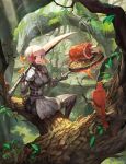  1girl armor belt bird breasts brown_eyes cleavage commentary_request fire food forest frying_pan gauntlets gorget highres holding holding_sword holding_weapon in_tree lack leaf leg_armor long_sleeves looking_at_viewer looking_back meat medium_breasts multicolored_hair nature open_mouth original pleated_skirt red_hair short_hair shoulder_pads sitting sitting_in_tree skirt smile solo streaked_hair sword thighs tree tree_trunk weapon white_hair 