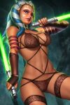  1girl abs ahsoka_tano blue_eyes blush bra breasts colored_skin curvy dual_wielding energy_sword facial_mark glowing glowing_weapon holding jedi large_breasts lightsaber linea_alba lingerie lips long_hair looking_at_viewer looking_down multicolored_hair navel neoartcore orange_skin panties patreon_username pose red_bra red_panties reverse_grip solo standing star_wars star_wars:_the_clone_wars sword thick_thighs thighs togruta underwear veins veiny_breasts veiny_thighs weapon 