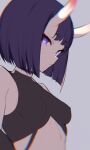  1girl bangs bare_shoulders breasts clothing_cutout collar crop_top demon_girl demon_horns eyebrows_visible_through_hair fate/grand_order fate_(series) halterneck horns looking_at_viewer navel_cutout purple_eyes purple_hair short_hair shuten_douji_(fate) small_breasts spider_apple 