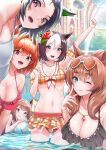  5girls :d ;) animal_ears aqua_eyes arm_up armpits ball bandaid bandaid_on_cheek bangs bare_shoulders beachball bead_necklace beads bikini bikini_skirt black_bikini black_hair blue_sky bracelet braid breasts brown_hair cleavage cloud collarbone commentary_request cowboy_shot crown_braid daiwa_scarlet_(umamusume) day detached_sleeves ear_ornament eyebrows_visible_through_hair eyewear_on_head fang flower groin hair_between_eyes hair_flower hair_intakes hair_ornament hairclip hands_up heart heart-shaped_eyewear highres horse_ears horse_girl jewelry large_breasts leaning_forward long_hair looking_at_viewer maruzensky_(umamusume) midriff multicolored_hair multiple_girls nabe_saori navel necklace official_alternate_costume one_eye_closed open_mouth outdoors parted_lips plaid plaid_bikini plaid_skirt pleated_skirt pool purple_eyes red_bikini red_eyes short_hair sidelocks skin_fang skirt sky small_breasts smile special_week_(umamusume) standing sunglasses sweep_tosho_(umamusume) swimsuit teeth twintails two-tone_hair umamusume upper_body upper_teeth very_long_hair wading watermark wavy_hair wet white_bikini white_hair winning_ticket_(umamusume) 