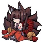  1girl amagi-chan_(azur_lane) animal_ears azur_lane bangs bell black_legwear brown_hair chibi closed_mouth commentary_request eyebrows_visible_through_hair fox_ears fox_girl fox_tail japanese_clothes kyuubi long_hair looking_at_viewer multiple_tails off-shoulder_kimono off_shoulder parted_lips purple_eyes seiza sidelocks sitting sleeves_past_wrists solo sugoidere tail thick_eyebrows transparent_background twintails wide_sleeves 