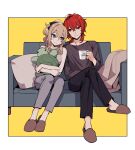  1boy 1girl bangs blonde_hair blue_eyes casual couch cup cushion diluc_ragnvindr genshin_impact hetero highres holding holding_cup holding_stuffed_toy jean_gunnhildr long_hair long_sleeves mug pants ponytail red_eyes red_hair rome_romedo shirt simple_background sitting sleeveless slippers smile stuffed_animal stuffed_toy stuffed_turtle 