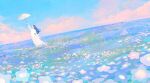 1girl arm_up black_hair blue_sky cloud commentary dress field flower flower_field full_body holding holding_umbrella long_hair long_sleeves looking_up nemophila_(flower) original outdoors pastel_colors pink_cloud scenery sky solo spring_(season) tabisumika umbrella white_dress white_umbrella 