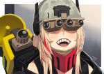  1girl banana_(girls_frontline) blonde_hair blush commentary dated girls_frontline goggles grin helmet highres kion-kun long_hair m4_sopmod_ii_(girls_frontline) megaphone meme mod3_(girls_frontline) multicolored_hair night_vision_device open_mouth red_hair smile streaked_hair teeth twitter_username upper_body 