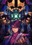  1boy floating_hair hungry_clicker jacket jewelry male_focus mecha necklace neo_granzon open_hand pink_sweater purple_eyes purple_hair science_fiction shuu_shirakawa smile super_robot super_robot_wars super_robot_wars_original_generation sweater turtleneck white_jacket yellow_eyes 