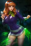  1girl bangs breasts daphne_ann_blake dress ghost green_neckwear hairband hands hands_up large_breasts long_hair long_sleeves magnifying_glass neoartcore open_mouth orange_hair patreon_username pink_legwear pink_nails purple_dress purple_eyes purple_hairband scooby-doo solo thighhighs watermark 