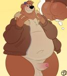  anthro balls belly butt clothed clothing disney ducktales ducktales_(2017) genitals hat headgear headwear hi_res humanoid_genitalia humanoid_penis jacket kit_cloudkicker male mammal open_clothing open_jacket open_topwear overweight overweight_anthro overweight_male penis solo talespin topwear trashtoonz ursid 