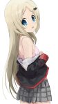  1girl :o bangs bat_hair_ornament black_skirt blonde_hair bra breasts eyebrows_visible_through_hair fang from_side hair_ornament highres hiroki_(yyqw7151) little_busters! long_hair looking_at_viewer looking_to_the_side noumi_kudryavka open_mouth pink_bra pleated_skirt simple_background skirt small_breasts solo underwear undressing upper_body white_background 