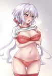  1girl ahoge blush bra breasts clothes_lift collarbone embarrassed eyebrows_visible_through_hair gym_shirt hair_ornament hair_scrunchie long_hair looking_to_the_side navel open_mouth panties purple_eyes r-binon red_bra red_panties scrunchie senki_zesshou_symphogear shiny shiny_hair shirt shirt_lift silver_hair solo standing twintails underwear white_shirt yukine_chris 