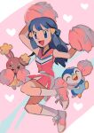  1girl :d bare_arms blue_eyes blue_hair blurry buneary cheerleader commentary_request dawn_(pokemon) eyelashes gen_4_pokemon hair_ornament hairclip heart highres hinann_bot holding holding_pom_poms long_hair open_mouth pink_footwear pink_shirt pink_skirt piplup pokemon pokemon_(anime) pokemon_(creature) pokemon_dppt_(anime) pom_poms shirt shoes skirt smile socks starter_pokemon tongue white_legwear 