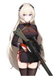  1girl bangs battle_rifle black_dress black_legwear blonde_hair breasts cero_(last2stage) dress eyebrows_visible_through_hair feet_out_of_frame full_body g3_(girls_frontline) girls_frontline gloves gun h&amp;k_g3 large_breasts long_hair long_sleeves looking_at_viewer mod3_(girls_frontline) parted_lips purple_eyes red_gloves rifle simple_background solo standing thighhighs thighs weapon white_background 